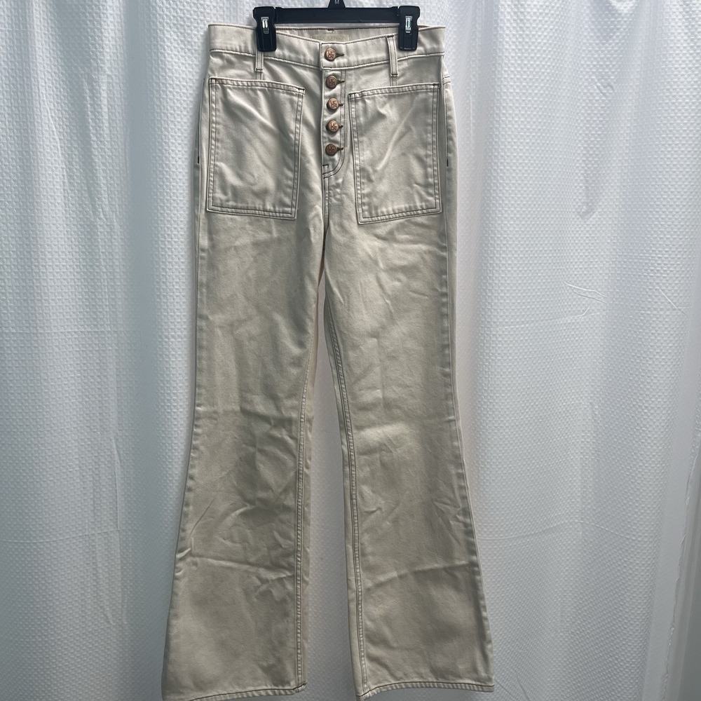 Ulla Johnson The Lou Button Fly Flare Patch Pocket Jeans 27 Ivory Denim